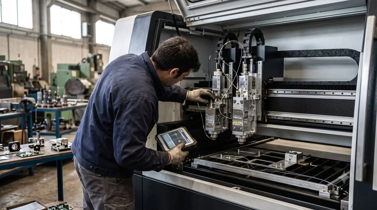 Técnico inspeccionando una máquina industrial averiada en una fábrica