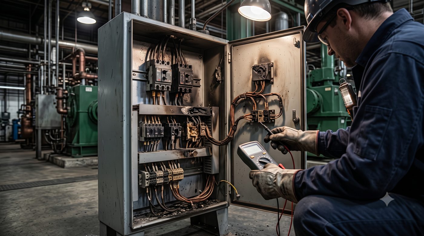 Cuadro eléctrico industrial con componentes dañados tras una sobretensión