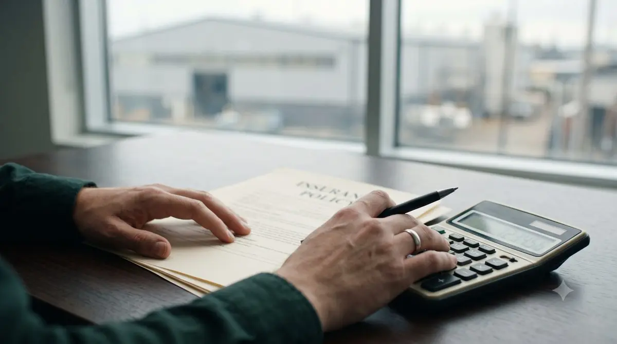 Empresario revisando la póliza de seguro de su empresa junto a una calculadora