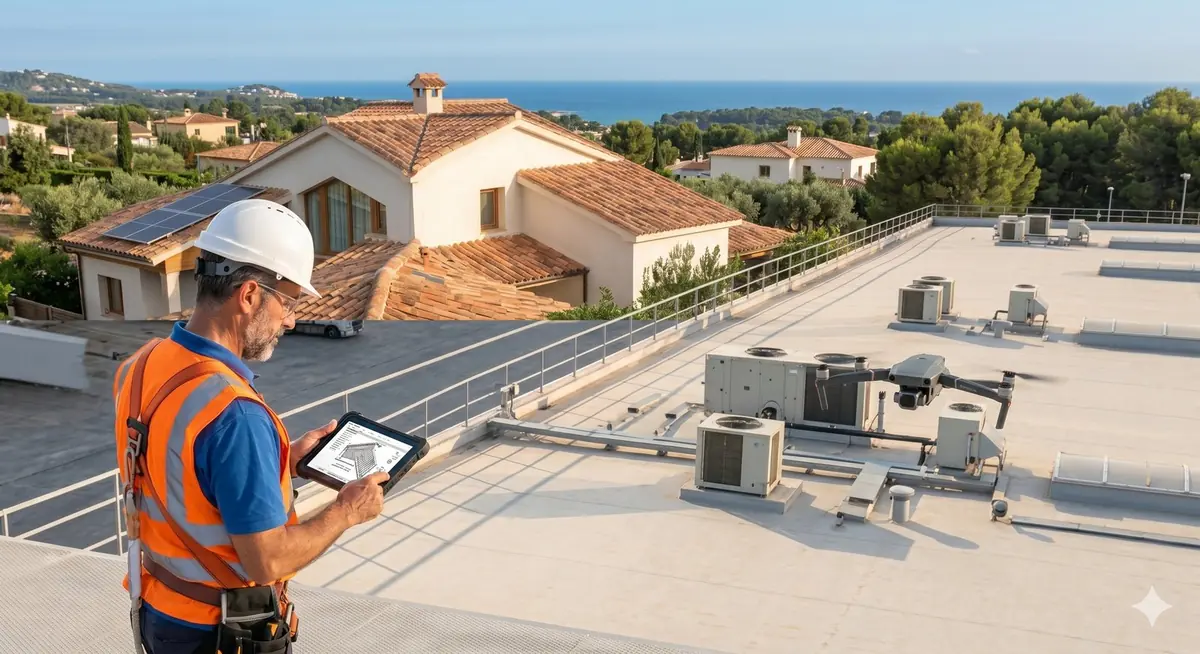 Inspección técnica de cubierta industrial y vivienda con dron