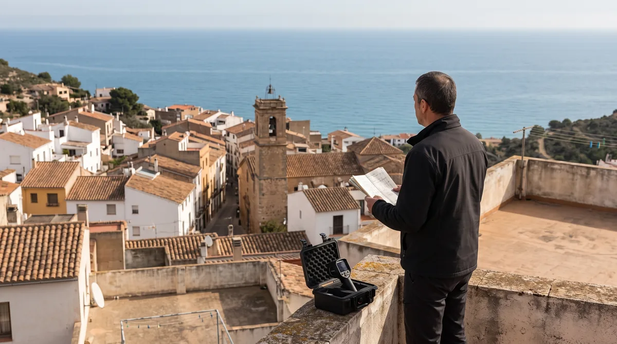 Perito observando los tejados de un pueblo del Maresme desde una azotea, con la cámara termográfica preparada sobre el pretil